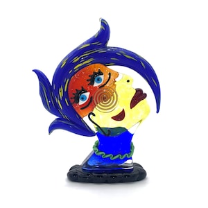 Murano Glass Female Face Sculpture: Abstract Multicolor Art, Made in Italy