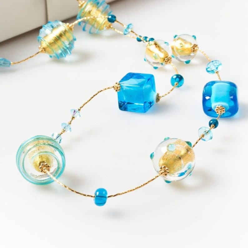 beaded modern necklace Italian jewellery Murano glass necklace Venetian necklace long necklace Blue glass necklace gift idea for her