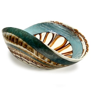 Murano Glass Centerpiece Bowl: Turquoise Brown Spiral, Made in Italy