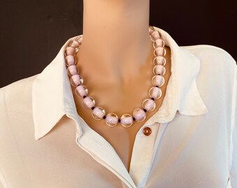 Collier Long Grosses Perles En Verre De Murano Rose - Inclusion Tourbillon - Neuf Sans Emballage