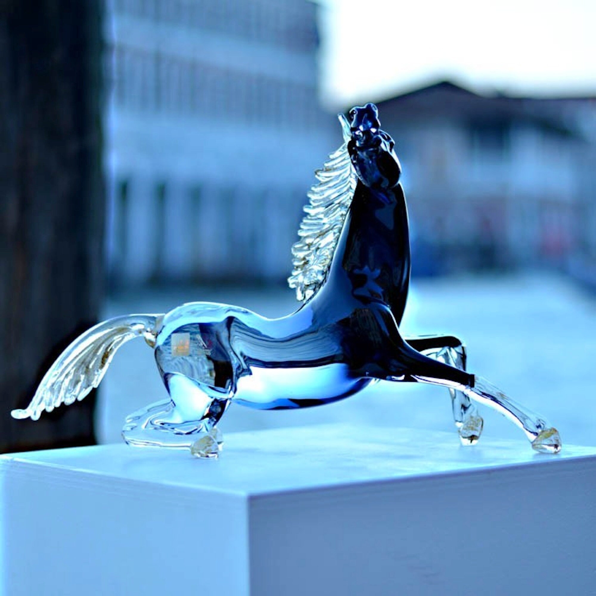 ムラーノガラスの馬の彫刻：青と透明のベネチアンアートガラス - Etsy 日本