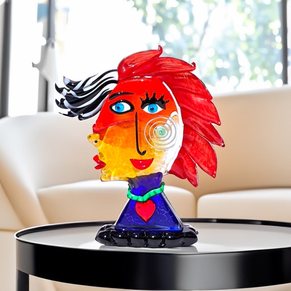 ムラーノガラスの顔の彫刻：カラフルな現代アート（10.62インチ