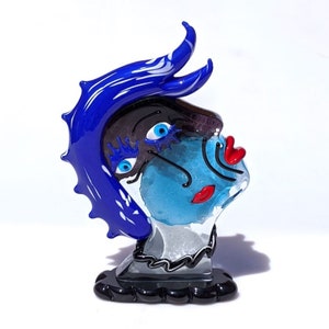 Murano Glass Female Face Sculpture: Blue Venetian Art Glass, Trademark Origin