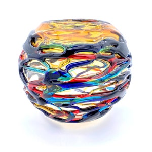 Murano Glass Amber Vase, Rounded Shape, Made in Italy, Modern Design, Blown Glass, Trademark of Origin, Original Murano Glass