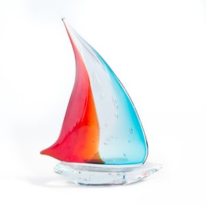 Murano glass sail boat sculpture, glass marine sculpture, red sail boat statue, TRADEMARK OF ORIGIN