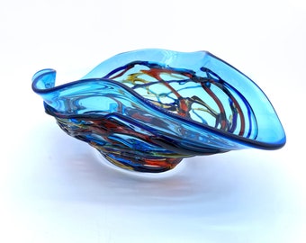 Murano Glass Pale blue Fruit Bowl, handmade Modern design Centrepice, Made in Italy with Trademark of Origin, Yourmurano
