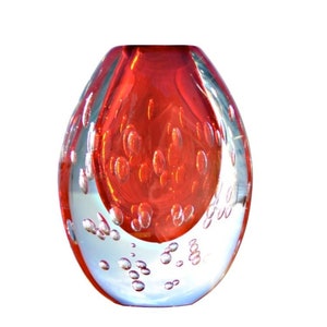 Red Murano Glass Vase: Handmade Italian Oval Vase with Bubbles