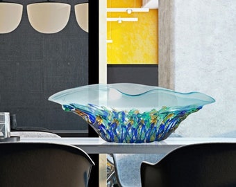 Original Murano Glass Decorative Bowl, Made in Italy Handmade Glass Centerpiece for Home Decor, Light Blue Marine Fruit Bowl