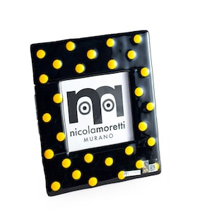 Handmade Murano Glass Picture Frame: Black & Yellow Polka Dot