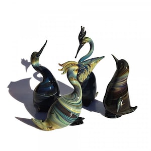 Murano Glass Bird Sculptures: Chalcedony Artistic Glass Set of 4