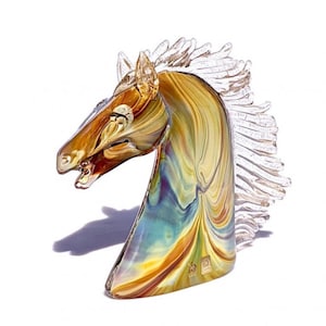 Sculpture tête de cheval en verre de Murano : calcédoine en verre d&#39;art, fabriquée en Italie