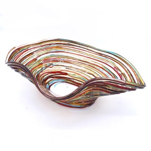 Handmade Murano Glass Centerpiece Bowl: Tricolored Filaments, Made in Italy