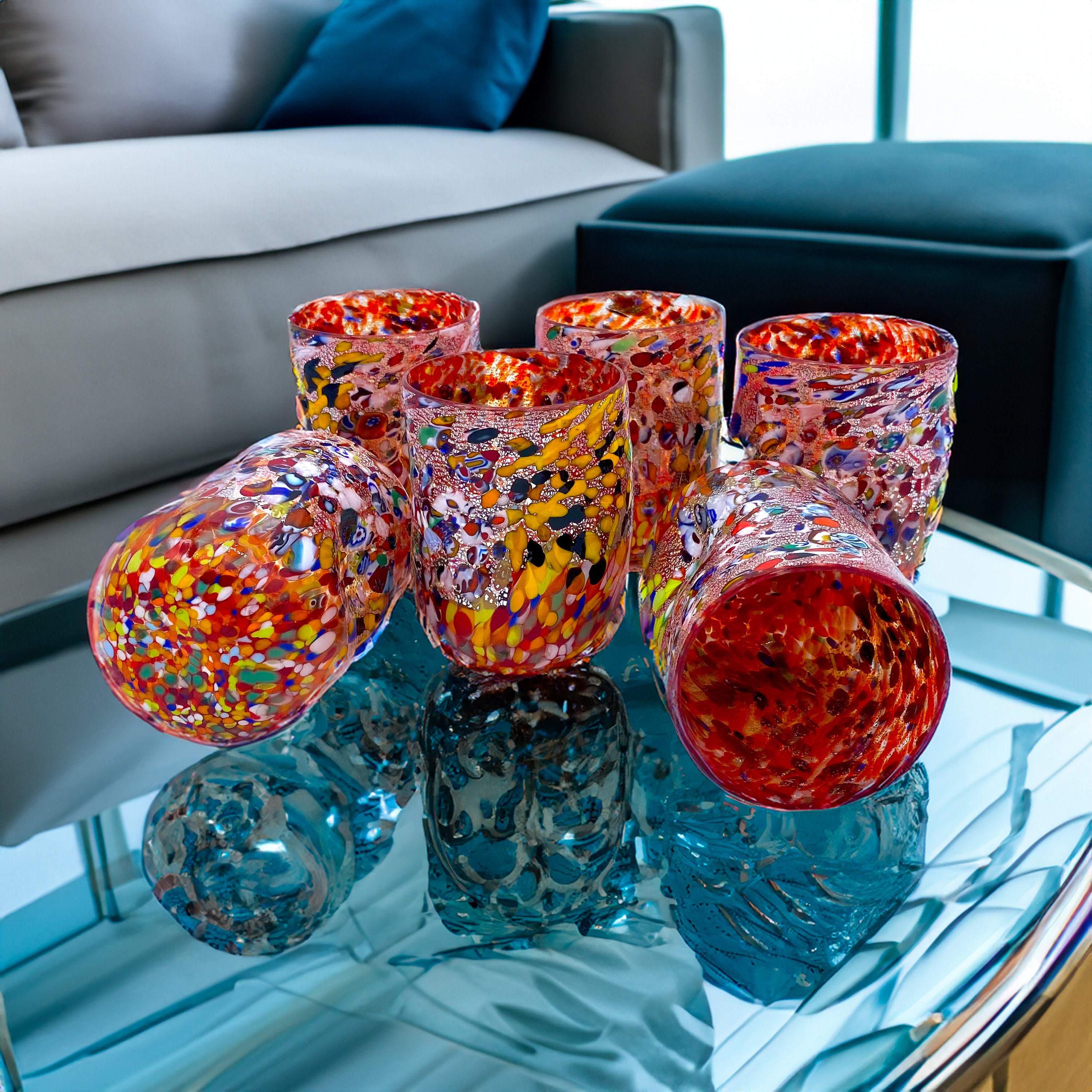 ムラーノガラスタンブラーセット：ベネチアングラス、原産地商標