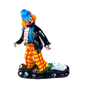 Figurine de clown en verre de Murano avec chien : sculpture d&#39;art vénitien