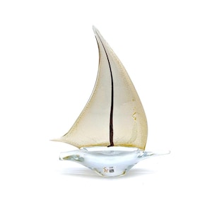 Murano Glass Sailboat Sculpture, Gold and Crystal Sculpture, Handmade Boat Sculpture, Original Italian Glass - Trademark of Origin Included