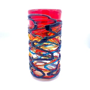 Red Murano Glass Vase: Italian Art Glass, Multicolored Filaments