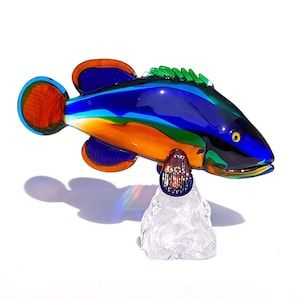 Murano glass original Sculpture of Tropical Fish on a Crystal wave, Trademark of Origin Guaranteed - Original Murano Glass