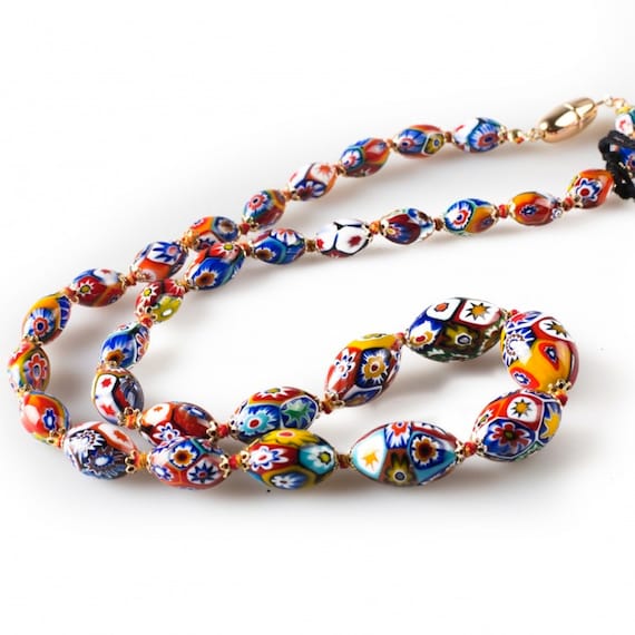 Colored Murano Glass Beads Necklace, Oval Murrine Beads, Italian