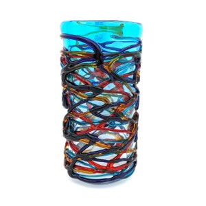Handmade Murano Glass Vase: Light Blue with Multicolored Filaments