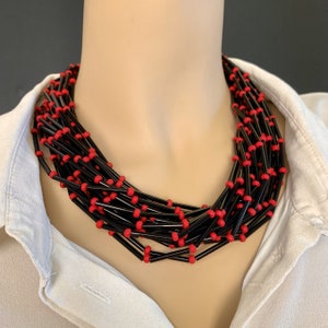 Murano Glass Necklace: Black Filaments & Red Beads, Handmade Italian Jewelry