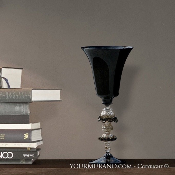 ブラックムラーノガラスゴブレット：ヴィンテージイタリア製聖杯、装飾