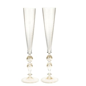Gold Leaf Flutes Pair: Handmade Murano Venetian Glassware