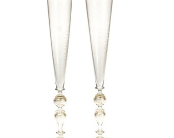 Gold Leaf Flutes Pair: Handmade Murano Venetian Glassware