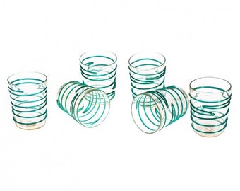 Murano Glass Drinking Set: Venetian Blown Tumblers with Green Filaments