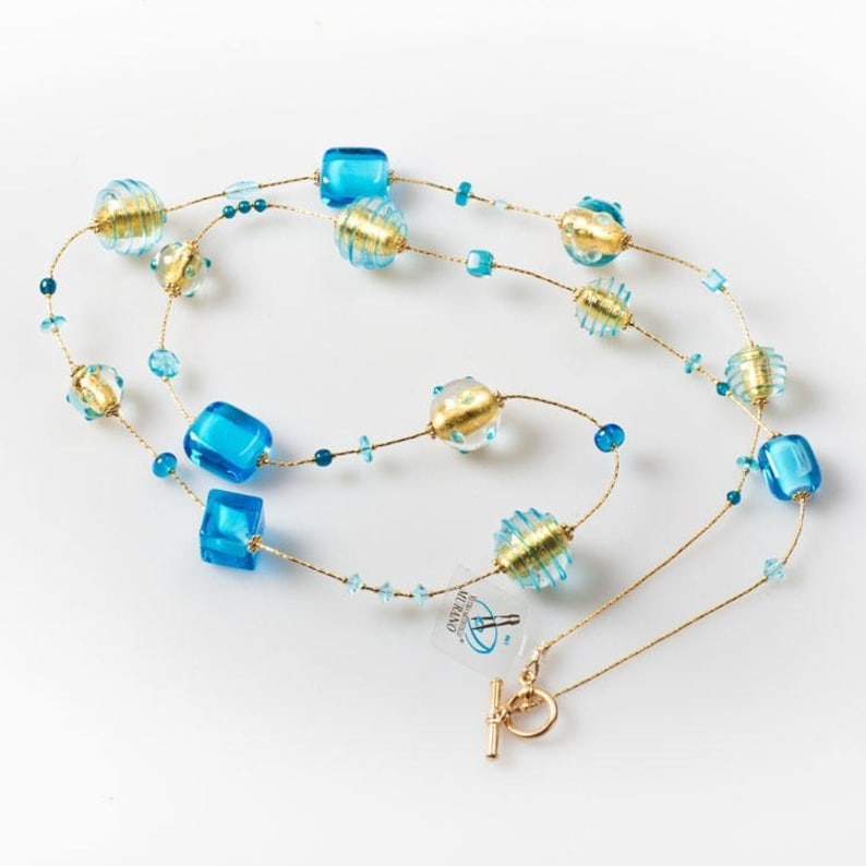 beaded modern necklace Italian jewellery Murano glass necklace Venetian necklace long necklace Blue glass necklace gift idea for her