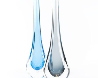 手吹きムラーノガラスの花瓶 - ブルー＆クリアベネチアンクリスタルの