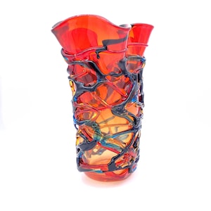 Handmade Murano Glass Red Vase: Italian Art Glass (13.77&quot; Tall)