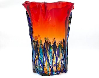 手吹きムラーノガラス製の大きなイタリア製アート花瓶、明るい赤色