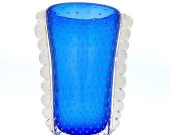 手吹きムラーノガラスの花瓶 - ブルー＆クリアベネチアンクリスタルの