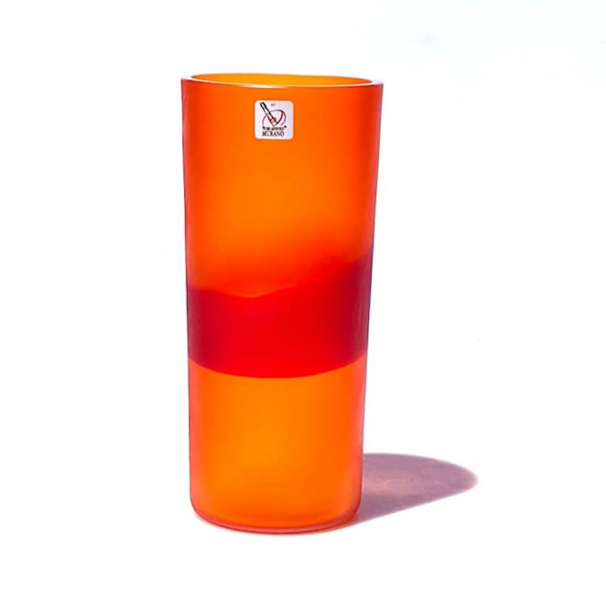 Murano Glass Vase, Orange Long Cylindrical Shape, Made in Italy modern Artwork, Trademark of Origin Guaranteed, Made in Italy