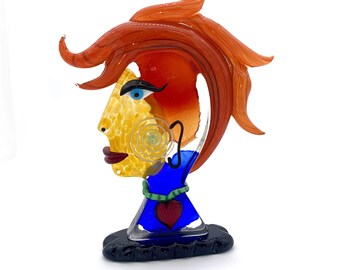 Vase Tête Picasso En Verre De Murano - Art Abstrait Soufflé, Hauteur 15 Pouces - Neuf