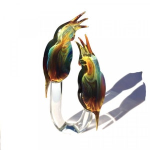 Murano Glass Parrot Sculpture: Multicolor Chalcedony Blown Glass, Made in Italy