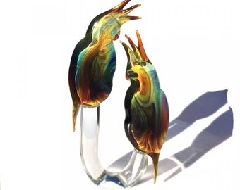 Murano Glass Parrot Sculpture: Multicolor Chalcedony Blown Glass, Made in Italy