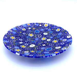 Murano Glass Blue Display Plate with Murrine and Metal Stand, Made in Italy, Blown Glass, Trademark of Origin, YourMurano