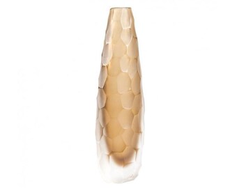 May include: A tall, amber glass vase with a textured, honeycomb-like pattern. The vase is clear at the bottom and has a rounded, slightly flared opening.