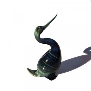 Hand-Blown Murano Glass Swan Sculpture: Dark Green Chalcedony Art