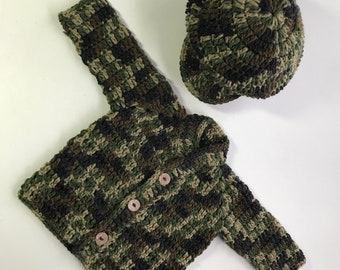 408.  camouflage V-neck sweater sets, doll sets, a vest, an adult hat, crocheted, handmade, gift