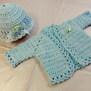 148. Pattern for Easy Crochet Premie and Newborn Sweater Set with Open Scallop Edge, great for beginners, Just three dollars.