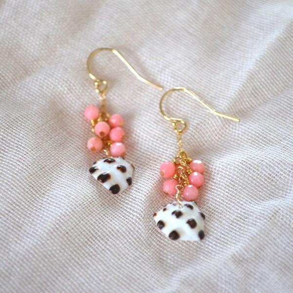 Spotted Drupe Shell Earrings with Pink Coral, Gold Filled