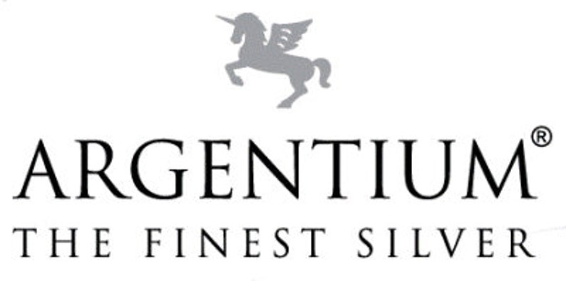 May include: A silver unicorn logo with wings, the text "ARGENTIUM" in black, and the phrase "THE FINEST SILVER" in black below.