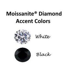 May include: Two round gemstones, one white and one black. The white gemstone is a moissanite diamond, and the black gemstone is a black diamond. Both gemstones are set in a silver setting.