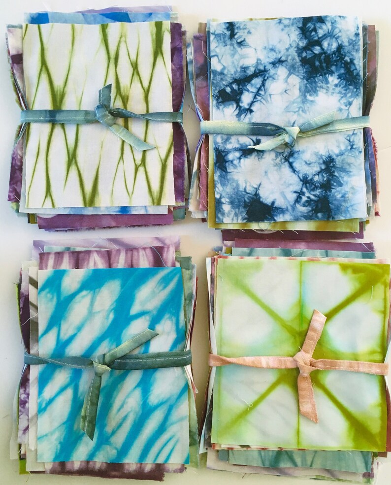 Shibori Fabric Sampler, Tie Dye Scrap Bundle, Hand Dyed Fabric, Gift for Quilter image 2