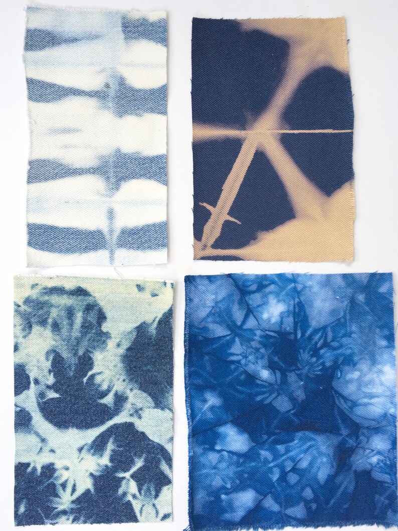 May include: Four fabric swatches with different blue tie-dye patterns. The swatches are arranged in a grid pattern on a white background.