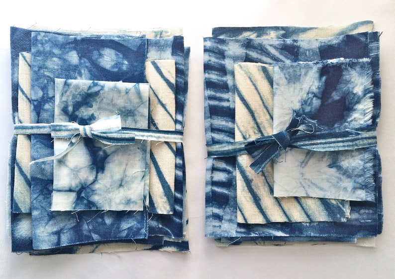 Linen Shibori Fabric Bundle, Indigo Dyed Shibori Sampler, Fabric for Boro and Mending image 7