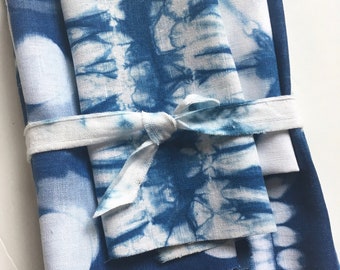 Linen Shibori Fabric Bundle, Indigo Dyed Shibori Sampler, Fabric for Boro and Mending