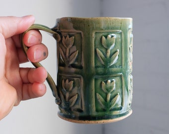 Handmade ceramic mug, tall coffee or tea mug | Rustic stamped floral pattern | 14 oz | Made to Order